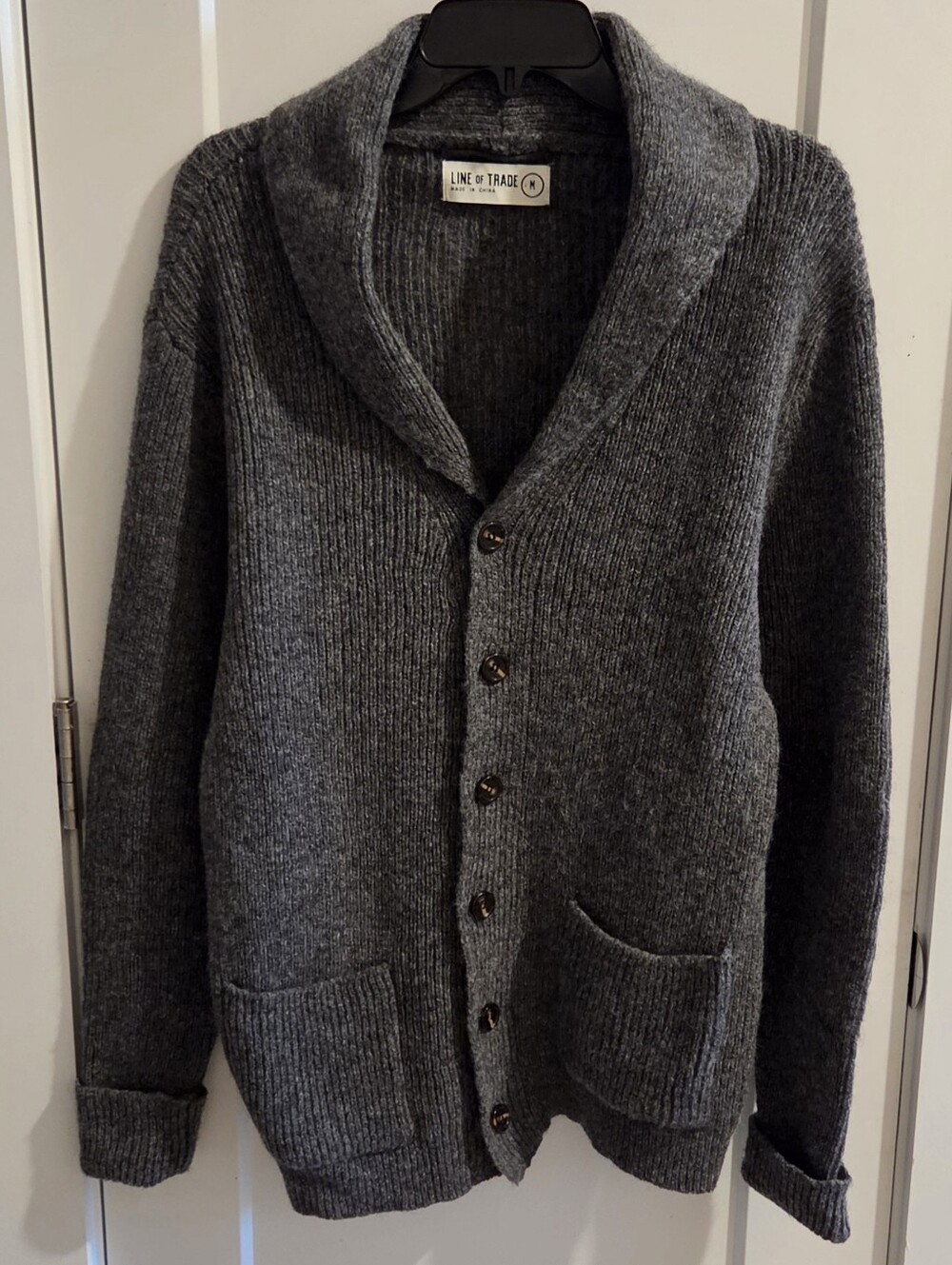 LINE OF TRADE Shetland Wool Shawl Collar Cardigan Sweater - Size Medium - Grey